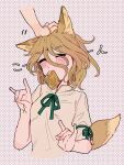  1girl 1other animal_ears bangs blush bow breasts brown_hair closed_eyes closed_mouth commentary_request eating eyebrows_visible_through_hair fang fingernails food fox_ears fox_shadow_puppet fox_tail green_bow grey_romper hair_between_eyes hand_on_another&#039;s_head hands_up highres kudamaki_tsukasa light_brown_hair medium_breasts polka_dot polka_dot_background puffy_short_sleeves puffy_sleeves romper satomachi short_hair short_sleeves smile tail tofu touhou white_background 