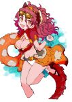  1girl breasts cleavage dragalia_lost dragon_girl dragon_tail eyewear_on_head high_heels highres horns inflatable_toy innertube long_hair mym_(dragalia_lost) nikukaiq open_mouth red_eyes red_hair simple_background smile swimsuit tail white_swimsuit 