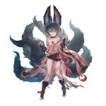  1girl animal_ears black_footwear black_gloves black_shorts breasts clenched_teeth collar cuffs dark_blue_hair fingerless_gloves full_body gloves granblue_fantasy hadanugi_dousa hair_between_eyes hair_ornament hands_up kneehighs looking_at_viewer minaba_hideo multiple_tails official_art red_eyes shackles shirt short_hair short_shorts shorts simple_background small_breasts solo standing strapless strapless_shirt tail teeth third-party_source toeless_footwear transparent_background white_legwear white_shirt you_(granblue_fantasy) 