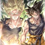  1boy anger_vein angry bangs black_hair blonde_hair blood blood_on_face clenched_teeth closed_mouth dougi dragon_ball dragon_ball_z green_eyes harunkea highres injury large_pectorals male_focus muscular muscular_male pectorals saiyan short_hair solo son_goku spiked_hair super_saiyan super_saiyan_1 teeth torn_clothes 