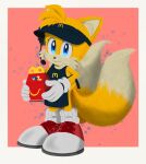  1boy animal_ears animal_nose blue_eyes box commentary container employee_uniform english_commentary fast_food fast_food_uniform fox_boy fox_ears fox_tail furry furry_male gloves happy_meal highres looking_at_viewer male_focus mcdonald&#039;s mintokitsune multiple_tails pink_background red_footwear shoes smile sneakers sonic_the_hedgehog_2_(film) tail tails_(sonic) two_tails uniform white_gloves 