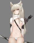  1girl animal_ear_fluff animal_ears arknights arms_behind_back arrow_(projectile) blonde_hair blush bow_(weapon) breasts closed_mouth cowboy_shot frown grey_background highres holding holding_bow_(weapon) holding_weapon horse_ears long_hair long_sleeves looking_at_viewer lowleg lowleg_panties lumc navel panties platinum_(arknights) ponytail quiver shrug_(clothing) sidelocks simple_background small_breasts solo stomach striped striped_panties thigh_gap underwear weapon white_panties yellow_eyes 