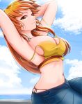  1girl absurdres arched_back armpits arms_behind_head bangs blue_sky breasts brown_eyes cloud crop_top day denim highres jeans jewelry joy_(shenmue) large_breasts long_hair looking_at_viewer midriff navel necklace orange_hair outdoors panties pants panty_peek poolpool shenmue shenmue_ii shenmue_the_animation shirt sitting sky sleeveless solo strap_slip underwear yellow_shirt 