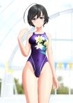  1girl absurdres ahoge black_eyes black_hair black_swimsuit blurry blurry_background breasts commentary_request competition_swimsuit covered_navel cowboy_shot floral_print girls_und_panzer highres indoors isuzu_hana long_hair medium_breasts one-piece_swimsuit purple_swimsuit solo string_of_flags swimsuit takafumi thigh_gap updo 