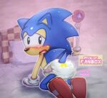  bed bed_sheet bedding bedroom blue_body blue_fur blush bodily_fluids butt classic_sonic classic_sonic_(universe) diaper eulipotyphlan fur furniture genital_fluids hedgehog infantilism male mammal onechan sega solo sonic_the_hedgehog sonic_the_hedgehog_(series) tears urine wetting 