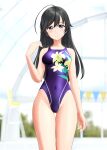  1girl absurdres ahoge black_eyes black_hair black_swimsuit blurry blurry_background breasts commentary_request competition_swimsuit covered_navel cowboy_shot floral_print girls_und_panzer highres indoors isuzu_hana long_hair medium_breasts one-piece_swimsuit purple_swimsuit solo string_of_flags swimsuit takafumi thigh_gap 