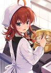  ahoge arashi_(kancolle) cooking indoors kantai_collection kitchen kitchen_hood looking_back miso_soup odawara_hakone pot red_hair short_hair 