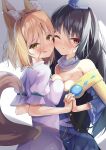  2girls :p animal_ear_fluff animal_ears bangs blue_dress blush breast_press breasts dress eyelashes fox_ears fox_girl fox_tail frilled_dress frills frown gem hand_to_hand hat heads_together highres iizunamaru_megumu kudamaki_tsukasa long_hair looking_at_viewer madotsukumo medium_breasts multiple_girls one_eye_closed puffy_short_sleeves puffy_sleeves red_eyes romper short_hair short_sleeves smile standing tail tokin_hat tongue tongue_out touhou white_dress white_romper yellow_eyes 