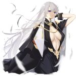  1girl azur_lane bangs breasts clothing_request enterprise_(azur_lane) enterprise_(heroic_finery)_(azur_lane) hand_in_own_hair highres large_breasts long_hair looking_at_viewer marumai official_alternate_costume open_clothes plunging_neckline purple_eyes solo white_background white_hair 