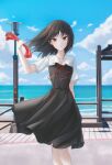  1girl bangs black_dress black_hair blue_sky cloud collarbone commentary_request day dress eyebrows_visible_through_hair feet_out_of_frame hair_ribbon highres kaguya-sama_wa_kokurasetai_~tensai-tachi_no_renai_zunousen~ looking_at_viewer no_hair_ornament ocean outdoors pinafore_dress red_eyes red_ribbon ribbon shinomiya_kaguya short_sleeves shuuchiin_academy_uniform sky smile solo summer_uniform untied_ribbon youngsok 