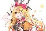  1girl animal_ears artist_name bangs blonde_hair bow bunny_(vocaloid) carrot_earrings chain commentary_request earrings facial_mark fake_animal_ears fingernails food-themed_earrings fukunoki_tokuwa hair_bow hair_ornament hair_ribbon hololive jewelry long_hair looking_at_viewer multiple_tails official_art one_eye_closed open_mouth orange_nails rabbit_ears ribbon solo star_(symbol) star_facial_mark tail teardrop_facial_mark upper_body virtual_youtuber wrist_cuffs x_hair_ornament yellow_eyes yellow_nails zipper_pull_tab 