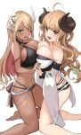  2girls :d absurdres anila_(granblue_fantasy) bikini blonde_hair blush breast_press breasts colored_inner_hair dark-skinned_female dark_skin draph embarrassed eyebrows_visible_through_hair flower ganesagi granblue_fantasy hair_flower hair_ornament highres horns interlocked_fingers kneeling kumbhira_(granblue_fantasy) large_breasts long_hair looking_at_viewer multicolored_hair multiple_girls pointy_ears red_hair sheep_horns smile swimsuit symmetrical_docking yellow_eyes 