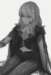  1girl artist_request bangs blood breasts bustier byleth_(fire_emblem) byleth_(fire_emblem)_(female) cleavage closed_mouth fire_emblem fire_emblem:_three_houses fire_emblem_warriors fire_emblem_warriors:_three_hopes hair_ornament highres large_breasts long_hair medium_hair monochrome pantyhose simple_background 