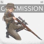  1girl absurdres artist_name bandages black_gloves blonde_hair blue_eyes bolt_action boonie_hat boots commission copyright_request english_text eyepatch gloves gun hair_over_one_eye highres knee_boots long_hair looking_at_viewer military military_uniform one_knee puto_trash rifle scope single_glove snow solo uniform weapon weapon_request 