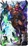  1boy abs armor armpits bara bare_pectorals belt black_hair boots bulge collared_cape facial_hair from_below gloves large_pectorals leg_strap lilac_(live_a_hero) live_a_hero looking_at_viewer male_focus multicolored_hair muscular muscular_male navel nipples official_art open_mouth pectorals purple_eyes scissors short_hair solo stomach thick_eyebrows thick_thighs thighs torn_clothes two-tone_hair weapon 