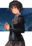  1girl amagami black_jacket black_sailor_collar blue_sweater blush brown_eyes brown_skirt head_tilt hungry_clicker jacket long_sleeves looking_at_viewer nanasaki_ai own_hands_together parted_lips pleated_skirt sailor_collar skirt smile solo sweater sweater_vest 