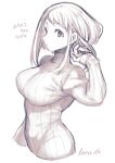  1girl boku_no_hero_academia breasts highres large_breasts long_sleeves looking_at_viewer monochrome ribbed_sweater simple_background sketch solo sweater takatsuki_ichi translation_request turtleneck turtleneck_sweater uraraka_ochako white_background 