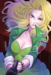  1girl blonde_hair blue_eyes breasts cleavage closed_mouth dress emilia_(saga_frontier) green_dress green_jacket gun jacket jewelry kikopoko11 long_hair looking_at_viewer saga saga_frontier smile solo weapon 