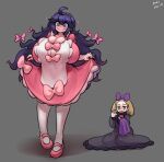  @_@ black_dress blank_eyes breasts cleavage cosplay costume_switch dress fairy_tale_girl_(pokemon) fairy_tale_girl_(pokemon)_(cosplay) gigantic_breasts gipehtyboo hairband hex_maniac_(pokemon) hex_maniac_(pokemon)_(cosplay) highres long_dress long_hair messy_hair pokemon pokemon_(game) pokemon_xy purple_eyes purple_hair purple_hairband ribbon very_long_hair 