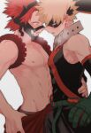  2boys abs arm_around_waist bakugou_katsuki blonde_hair blush boku_no_hero_academia eye_mask gloves green_gloves kirishima_eijirou looking_at_another male_focus maneki-neko_(fujifuji) multiple_boys nipples red_eyes red_hair spiked_hair steam sweatdrop toned toned_male white_background yaoi 