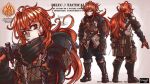  1boy alternate_costume armor artist_name bag bangs belt boots character_sheet diluc_(genshin_impact) genshin_impact gloves gun handgun harness introvert-kun long_hair low-tied_long_hair over_shoulder pistol red_eyes red_hair scarf shoulder_armor snap-fit_buckle tactical_clothes weapon weapon_over_shoulder 