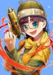  1girl blue_eyes breasts burikarun chrono_trigger glasses gun helmet looking_at_viewer lucca_ashtear magic open_mouth purple_hair scarf short_hair simple_background smile solo weapon 