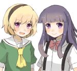  2girls :t bangs black_hairband black_sailor_collar black_skirt black_sweater_vest blonde_hair blue_hair blue_neckerchief blunt_bangs blush child closed_eyes collarbone cowboy_shot crossed_arms dress eyebrows_visible_through_hair furude_rika green_dress hair_between_eyes hairband higurashi_no_naku_koro_ni hime_cut houjou_satoko long_hair multiple_girls nauka neckerchief open_mouth pleated_skirt purple_eyes sailor_collar school_uniform serafuku short_hair sidelocks skirt straight_hair sweatdrop sweater sweater_vest upper_body white_sleeves yuri 