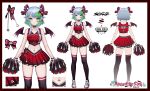  1girl absurdres apex_legends back blue_hair border bow breasts bsapricot bsapricot_(vtuber) character_name cheerleader choker commentary earrings english_commentary full_body green_eyes green_hair highres horns jewelry lich looking_at_viewer medium_breasts midriff miniskirt multicolored_hair multiple_horns multiple_views navel navel_piercing official_art piercing pointy_ears red_border scarz short_hair skirt sleeveless smile standing thighhighs two-tone_hair virtual_youtuber vshojo white_background wings 