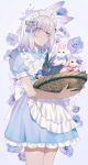  1girl :o achiki animal animal_ears apron back_bow bangs bare_arms basket blue_bow blue_dress blue_eyes blue_hair blush bob_cut bow bunny buttons clothed_animal coin_hair_ornament collared_dress colored_tips dress easter easter_egg egg flat_chest floral_background gradient_fur gradient_hair hair_bow head_tilt highres holding holding_basket lipgloss looking_at_viewer looking_down maid_headdress multicolored_hair original pink_bow pink_hair purple_background purple_bow purple_hair rabbit_ears short_dress short_sleeves solo streaked_hair striped striped_bow symbol-only_commentary white_apron white_bow white_hair 