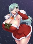  1girl aqua_eyes aqua_hair breasts christmas cleavage dress fur-trimmed_dress fur_trim hair_ornament hairclip holding holding_sack huge_breasts kantai_collection kawanuma_uotsuri long_hair red_dress sack santa_costume santa_dress solo suzuya_(kancolle) 