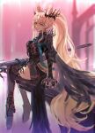  1girl animal_ears arknights armor armored_dress black_dress black_footwear blemishine_(arknights) blemishine_(moon_catastrborn)_(arknights) blonde_hair blurry blurry_background boots brown_eyes closed_mouth dress from_behind full_body gauntlets high_heel_boots high_heels highres horse_ears horse_girl horse_tail long_hair looking_at_viewer looking_back official_alternate_costume pelvic_curtain pink_background roncele sidelocks sitting smile solo sword tail thigh_boots thighhighs very_long_hair weapon 