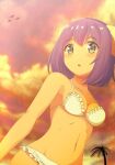  1girl bird breasts character_request cloud hair_ornament kayama_kenji looking_at_viewer open_mouth palm_tree purple_hair short_hair solo swimsuit tree 