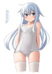  1girl arms_behind_back ass_visible_through_thighs blue_eyes collarbone cowboy_shot eyebrows_visible_through_hair flat_chest hair_between_eyes hibiki_(kancolle) highres ishida_arata kantai_collection long_hair old_school_swimsuit one-piece_swimsuit school_swimsuit school_swimsuit_flap silver_hair simple_background solo swimsuit thighhighs twitter_username white_background white_hair white_legwear white_swimsuit 
