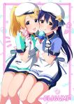  2girls :q ayase_eli bangs blonde_hair blue_eyes blue_hair blush character_name cheek-to-cheek double_scoop food gloves hat heads_together ice_cream ice_cream_cone long_hair looking_at_viewer love_live! love_live!_school_idol_project multiple_girls nanatsu_no_umi necktie open_mouth ponytail simple_background single_scoop sitting sonoda_umi swept_bangs tongue tongue_out white_gloves yellow_eyes 