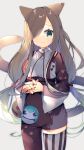  1girl animal_ears blue_eyes brown_hair cat_ears cat_tail hair_over_one_eye interlocked_fingers long_hair long_sleeves looking_at_viewer low-tied_long_hair smile solo tail tales_of_(series) tales_of_the_abyss tear_grants twintails yun_(dust-i1) 