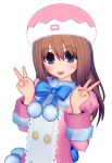  1girl ;) blue_bow blue_bowtie blue_eyes blush bow bowtie brown_hair coat double_v fur-trimmed_coat fur_trim hand_up happy hat head_tilt highres istalo long_hair long_sleeves looking_at_viewer neptune_(series) one_eye_closed open_mouth pink_coat pink_headwear pom_pom_(clothes) ram_(neptune_series) smile solo upper_body v 