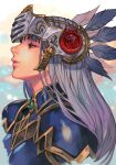  1girl armor blue_eyes breastplate from_side grey_hair half-closed_eye hungry_clicker lenneth_valkyrie long_hair parted_lips pauldrons profile shoulder_armor solo upper_body valkyrie_profile visor_(armor) 
