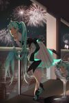  1girl absurdres aerial_fireworks ahoge bangs black_footwear black_hairband blue_hair dress earrings elbow_gloves fireworks floating_hair full_body gloves green_eyes hair_between_eyes hairband hatsune_miku high_heels highres jewelry leaning_forward long_hair looking_at_viewer miku_symphony_(vocaloid) night pleated_dress sleeveless sleeveless_dress solo standing thighhighs twintails very_long_hair vocaloid white_dress white_gloves white_legwear yaomiaomiao 