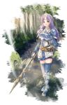  1girl armor blue_footwear boots breastplate character_request circlet closed_mouth dress fingerless_gloves fire_emblem fire_emblem:_the_blazing_blade floating_hair florina_(fire_emblem) forest full_body fuussu_(21-kazin) gloves holding holding_polearm holding_weapon lens_flare long_hair looking_at_viewer nature polearm purple_hair short_dress shoulder_armor smile solo standing straight_hair sunlight thigh_boots thighhighs weapon white_gloves yellow_eyes 