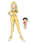  2girls android_18 belt blonde_hair blue_eyes bodysuit breasts closed_mouth dragon_ball dragon_ball_z earrings full_body highres jewelry kajino_(aosansai) kuririn looking_at_viewer marron multiple_girls open_mouth short_hair simple_background white_background yellow_bodysuit 