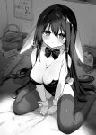  1girl absurdres animal_ears bare_shoulders basket blush bow bowtie breasts cleavage detached_collar futon highres hitachi_magic_wand kurimochi_chizuru large_breasts leotard long_hair looking_at_viewer monochrome no_shoes original playboy_bunny rabbit_ears rabbit_girl rabbit_tail sex_toy sitting solo strapless strapless_leotard sweat tail tears thighhighs thighs trembling very_long_hair vibrator wrist_cuffs 
