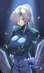  1girl bangs black_background breasts commission covered_navel crossed_arms eyebrows_visible_through_hair fikatsia_latrova fortified_suit green_eyes hair_behind_ear hair_over_one_eye kamon_rider large_breasts muvluv muvluv_alternative muvluv_total_eclipse one_eye_covered pilot_suit skeb_commission solo 
