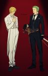  2boys blonde_hair bow bowtie bowtie_removed formal gloves green_hair hair_over_one_eye hand_on_own_chest highres male_focus multiple_boys necktie nekome3 one_piece roronoa_zoro sanji scar scar_across_eye sheath sheathed smile suit sword tailcoat weapon white_suit 