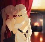  2girls amazuki_jou azur_lane back bangs black_dress blurry blurry_background bracelet brown_hair closed_eyes commentary dark-skinned_female dark_skin depth_of_field dress formal french_kiss hair_tie halterneck highres hug indoors jean_bart_(azur_lane) jewelry kiss long_hair low-tied_long_hair massachusetts_(azur_lane) multiple_girls ponytail silver_hair standing sweat white_dress yuri 