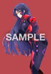 1girl ass bangs blue_hair breasts bright_pupils brown_eyes commission eyebrows_visible_through_hair fortified_suit from_side hair_behind_ear kamon_rider large_breasts leaning_forward looking_at_viewer muvluv muvluv_alternative original parted_bangs pilot_suit red_background sample_watermark skeb_commission smile solo white_pupils 