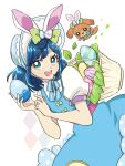  1girl animal_ears aqua_eyes artist_name bangs basket blue_dress blue_hair blue_headwear blue_ribbon bonnet commentary_request delicious_party_precure dog dress easter easter_egg egg fake_animal_ears floating fuwa_kokone hair_ornament hairclip highres holding holding_egg looking_at_viewer medium_dress medium_hair neck_ribbon open_mouth pam-pam_(precure) partial_commentary precure puffy_short_sleeves puffy_sleeves rabbit_ears ribbon short_sleeves signature siosio_808 smile standing 