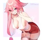  1girl absurdres animal_ears artist_name bangs bare_shoulders blush breasts cleavage collarbone dolphin_shorts fox_ears fox_shadow_puppet genshin_impact grin highres large_breasts leaning_forward long_hair looking_at_viewer pink_hair purple_eyes red_shorts short_shorts shorts sidelocks smile solo tank_top thighhighs thighs tofuubear very_long_hair white_legwear white_tank_top yae_miko 
