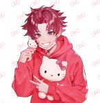  1boy blush hello_kitty hello_kitty_(character) highres male_focus mask_pull multicolored_background nail_polish nyamnyam0502 object_hug paradox_live pink_background red_eyes red_hair solo stuffed_animal stuffed_toy sugasano_allen v white_background 