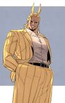  1boy all_might antenna_hair belt black_belt black_sclera blonde_hair boku_no_hero_academia collared_shirt colored_sclera commentary cowboy_shot dress_shirt formal grey_background grin hands_in_pockets highres jacket looking_at_viewer male_focus open_clothes open_jacket pants shirt shishanmo short_hair simple_background smile solo standing striped_suit suit suit_jacket teeth white_shirt yellow_jacket yellow_pants yellow_suit 