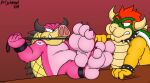  2019 anthro artist_name biceps bound bowser bowser&#039;s_inside_story claws collar digital_media_(artwork) doritohead dot_eyes duo feet feet_up fingers foot_focus green_body green_scales hair hi_res horn koopa leash male mammal mario_and_luigi_(series) mario_bros midbus multicolored_body multicolored_skin nintendo nude pink_body pink_skin red_background red_eyes red_hair reptile scales scalie shell short_hair signature simple_background simple_eyes sitting slightly_chubby smile standing suid suina sus_(pig) tan_body tan_scales tan_skin teeth toes tusks video_games wild_boar yellow_body yellow_scales 